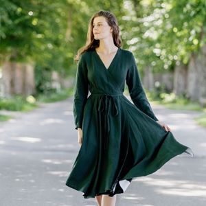 Son De Flor Tailored Wrap Dress, Long Sleeves, Evergreen S